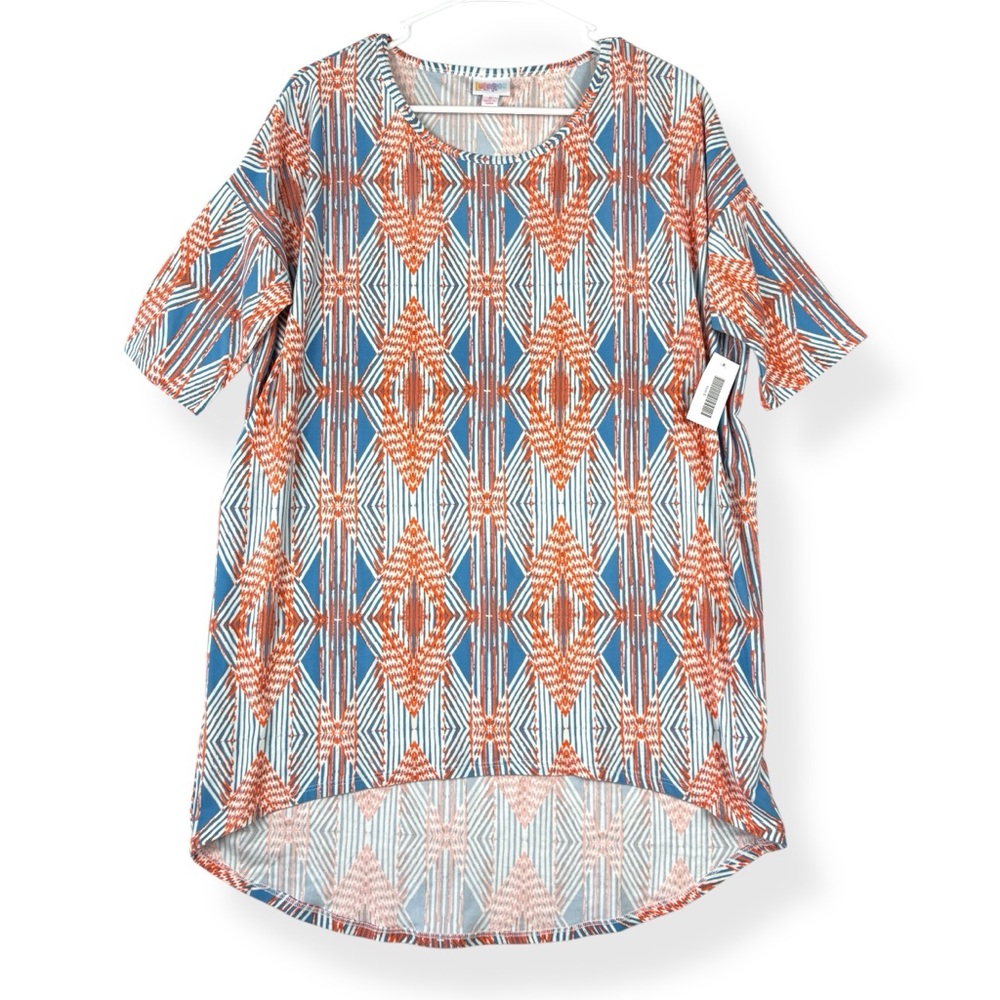 Lularoe‎ Irma Tunic Womens S Small Short Sleeve Oversized Orange Blue White Geo